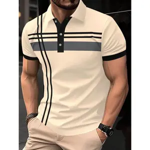 Men's Striped Print Contrast Binding Polo Shirt, Casual Short Sleeve Button Front Top for Summer, Fashion Men's Clothes for Daily Wear