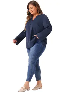 Agnes Orinda Plus Size Chiffon Top for Women V Neck Long Sleeve Rolled Up Sleeves Pleated Back Shirts Casual Tops