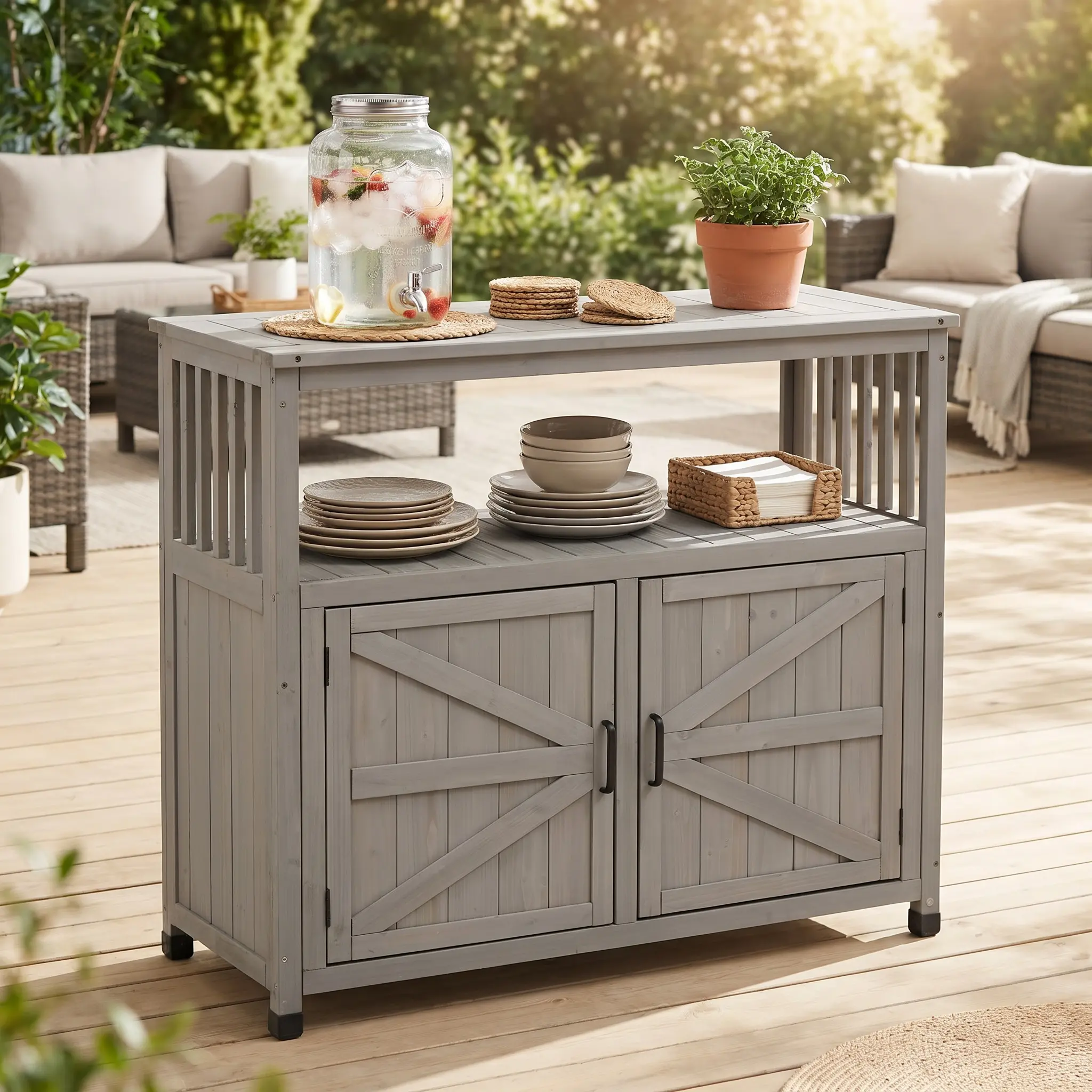 Wooden Patio Bar Table Set with Storage, Buffet Cabinet Sideboard for Outdoor and Indoor
