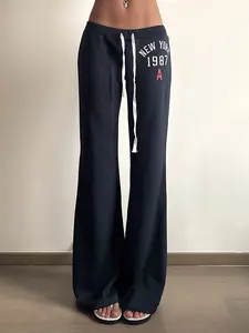 Women's Slim-Fit Low-Rise Knit Pants - Tie-Dye Blue Retro All-Season Casual Wear Long Leggings with Drawstring Waist Casual Lounge Pant