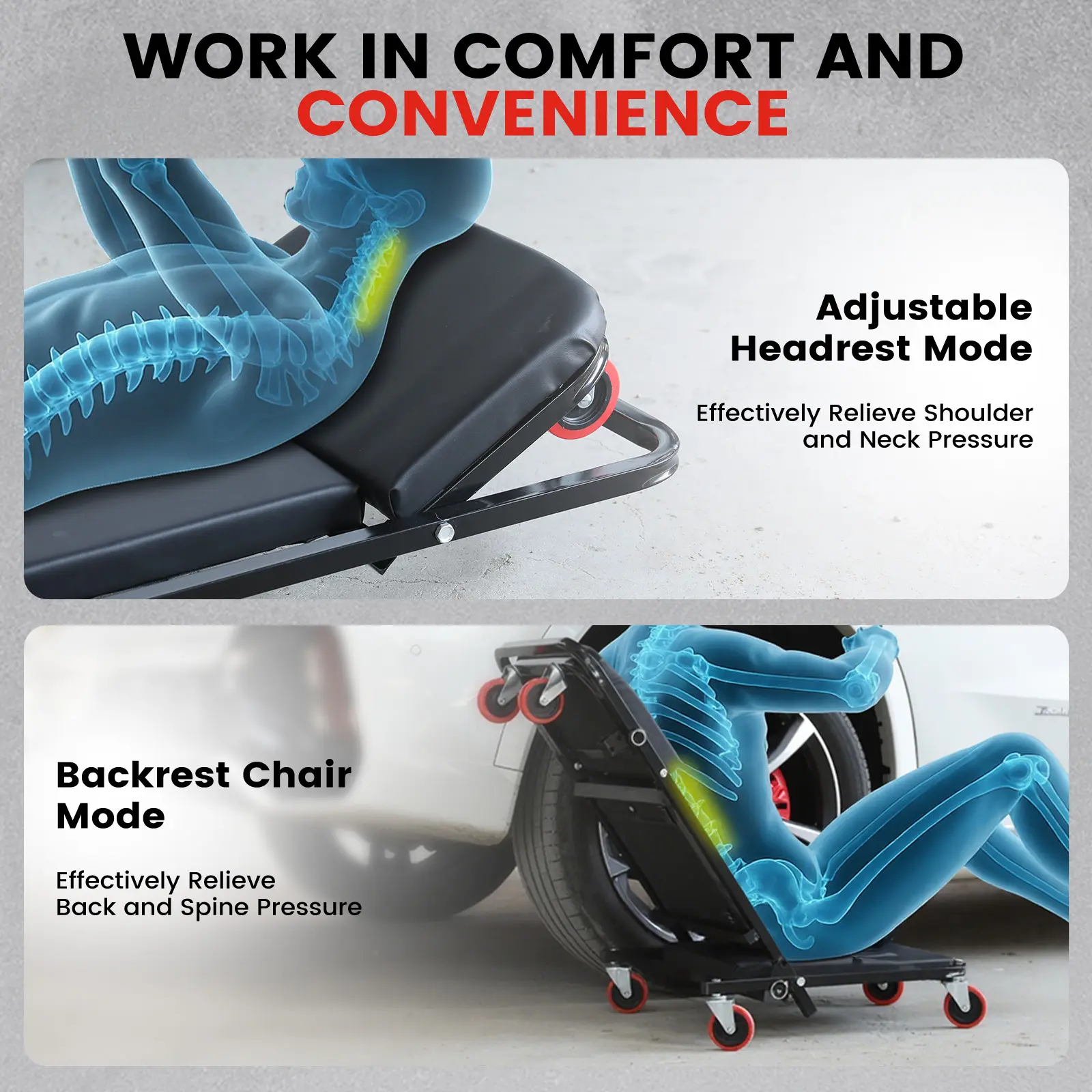 Garage Creeper, 450 lbs Capacity 40 Inches Garage Chair Adjustable Rolling Folding Car Creeper with 6 pcs Down or Sit for Garage, Auto RepairH1HomeFixMart