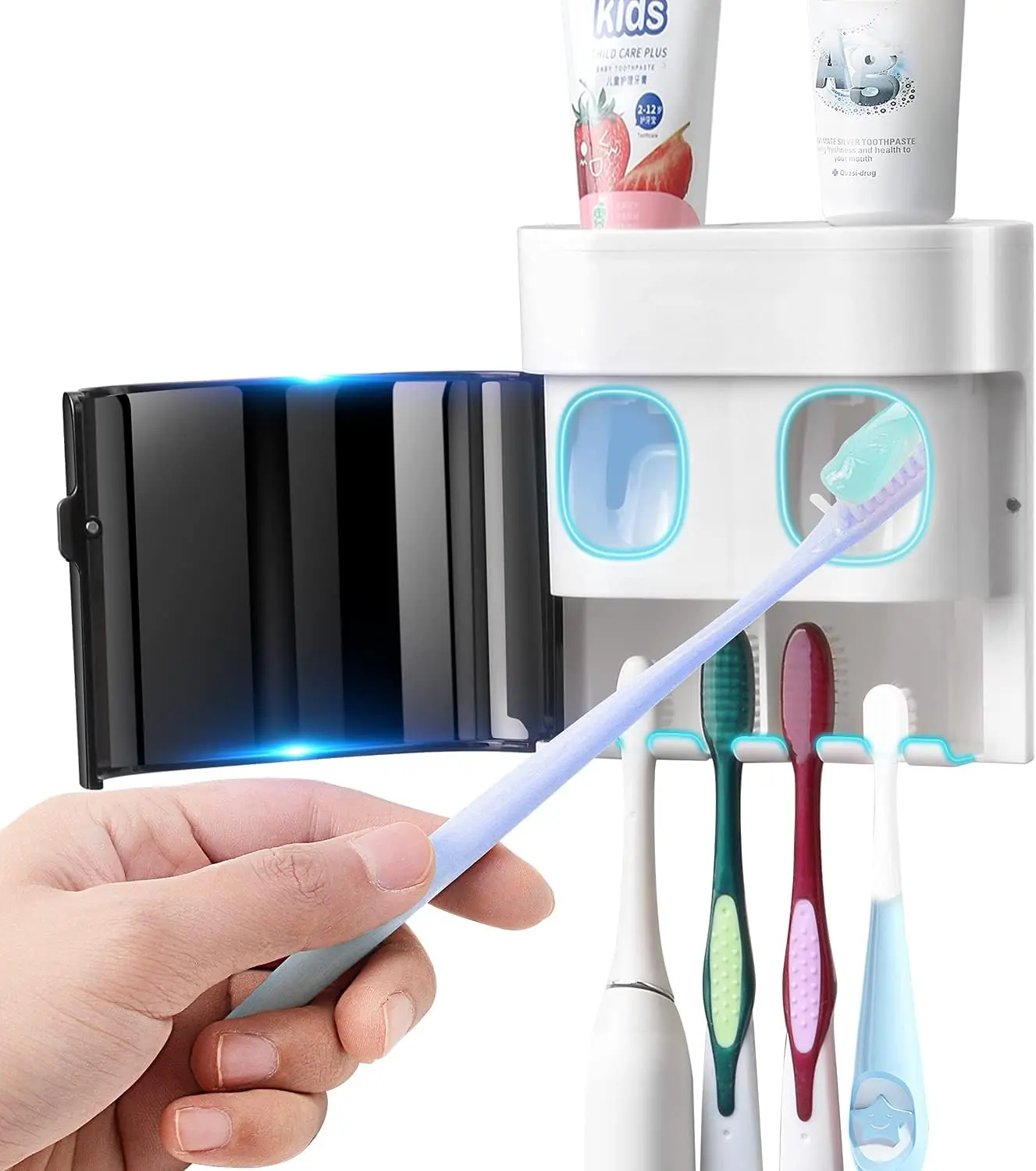 Toothbrush Holder Toothpaste Dispenser Wall Mounted with Cover, 4 Slots Electric Tooth Brush Storage Organizer with Automatic Kids Toothpaste Squeezers for Shower Bathroom Black