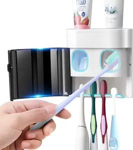 Toothbrush Holder Toothpaste Dispenser Wall Mounted with Cover, 4 Slots Electric Tooth Brush Storage Organizer with Automatic Kids Toothpaste Squeezers for Shower Bathroom Black