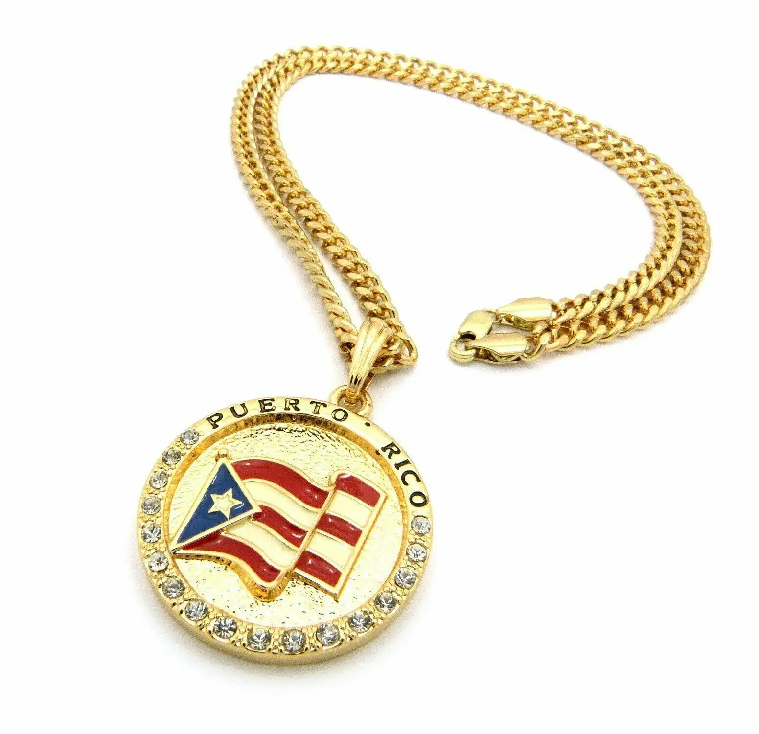 MaxBling81 Gold-Plated Puerto Rico Flag Medal Pendant Necklace, 4mm Chunky Cuban Chain Sparkly Patriotic Cubic Zirconia Unisex Necklace, 18"-30" Costume Jewelry for Men & Women, Cubic Zirconia Necklace