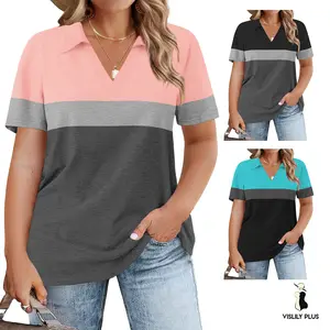 Women’s Plus Size Summer Tops Casual V Neck Polo Shirts Loose Fit Short Sleeve Color Block Collared Tees XL-5XL RPS2149 oversized tshirt women