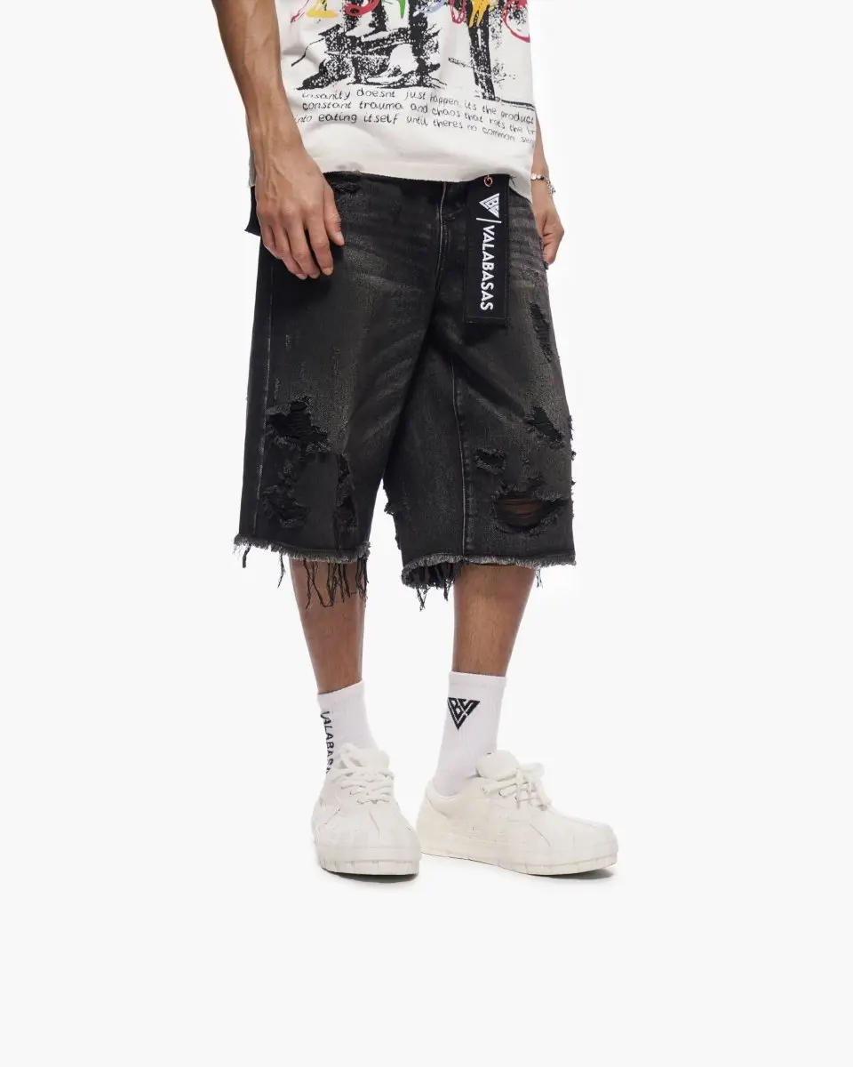 Men's Baggy Waxed Denim Jorts, Relaxed Fit 90s Grunge Streetwear Shorts with Snapped Hem for Casual Wear, Jorts Shorts, 90S Look, Black Waxed, Menswear, Clothes, Cold Wash, Snap Hem, Loose-Fitting, Do Not Iron Waxed Surface