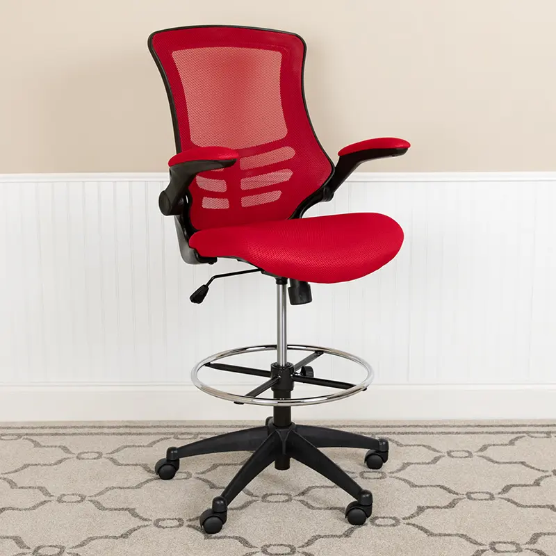 Flash Furniture BL-X-5M-D-RED-GG Mid Back Red Mesh Ergonomic Drafting Chair with Adjustable Foot Ring & Flip Up Arms