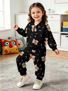 Baby girls' zip-up jacket and trousers set with all-over teddy bear print on black background. Cute casual outfits for infant girls, suitable for daily wear and outdoor activities, an ideal gift for babies