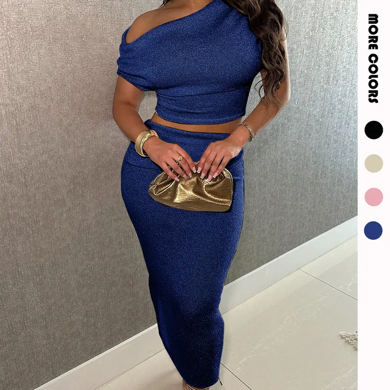 USBOUTIQUE CHIC Women's Loose Fit Two-Piece Set - Crop Top & A-Line Skirt