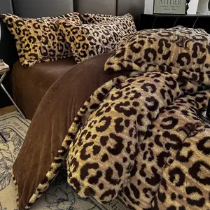 Luxury Leopard Print Faux Rabbit Fur Bedding Set Thick Warm Milk Velvet Plush Four Piece Set Machine Washable Cozy Winter Bedroom Home Textile TikTok Shop Trending met tres stopper festive  winter  decor