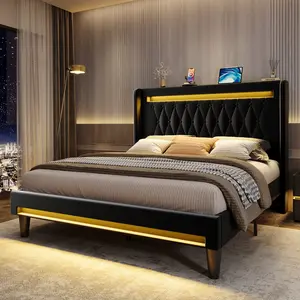 HOOMIC Upholstered Platform Bed Frame【Frame Only No Mattress】with High Wingback Headboard,Dual LED Light Strips,Dutch Velvet Diamond Tufting,Full/Queen/King,Black/White/Grey,No Box Spring Needed#SummerVibes