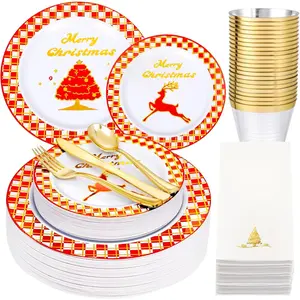 175-Piece Christmas Plastic Tableware Set - Red and Gold Plaid Dinnerware Set includes 25 dinner plates, 25 dessert plates, 25 knives, 25 forks, 25 spoons, 25 cups, and 25 Christmas napkins, specially designed for holiday gatherings.