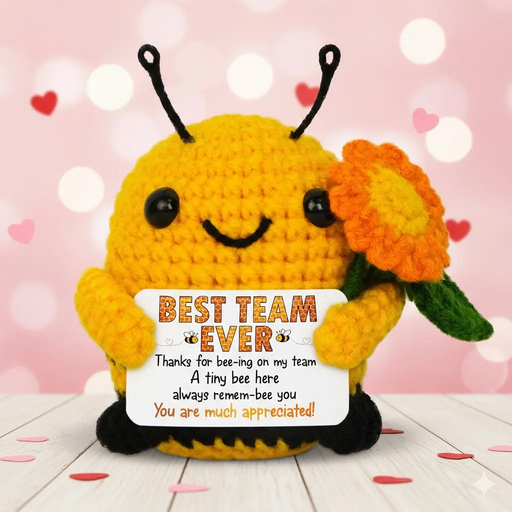 THANK YOU GIFTS - Handmade Positive Bee Crochet with Message Card - Graduation Birthday Inspirational Employee Appreciation Gifts for Coworkers, Positive Crochet Animals Gift for Boss