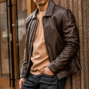 Men's Keanu Point Collar Jacket - Brown Leather with Zipper Closure and Long Sleeves