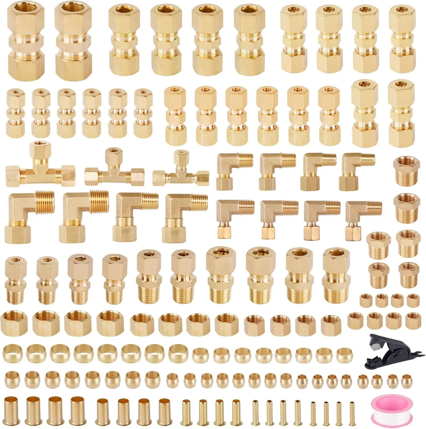 135 count Brass Compression Tube Pipe Fittings Kits, 1/8" 3/16" 1/4" 3/8" 1/2" Union/Tee/Elbow/Straight Connector for Industrial Use and