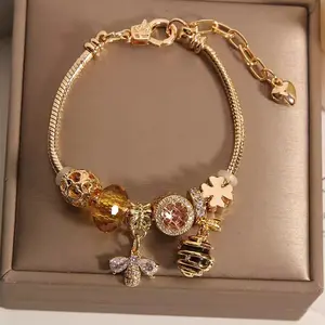 2026 NEW Rose Gold Bee Honeycomb Bracelet with Sparkling Charms, Elegant Design - Brand New Fashion Costume Jewelry Bracelet