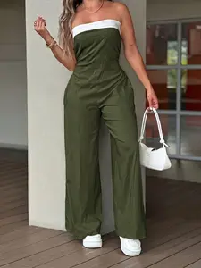 New Bold Colorblock Crop Top Romper, Waist Cinching Slimming Wide Leg Overall Pants, Trendy Streetwear Fashion for Women