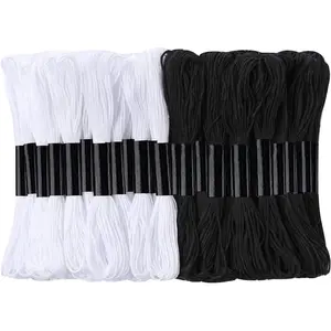 24 Skeins Black and White Cotton Embroidery Floss Cross Stitch Threads with 12 Floss Bobbins for Friendship Bracelets Knitting Cross Stitch Project