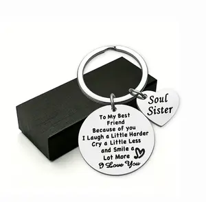 Engraved Stainless Steel Soul Sister Keychain - Custom, Engraved Initials Design Stainless Steel Jewelry, Women's Friendship Gift for Birthday, Long Distance Bestie Occasions, Custom Keychains, Engraved Initials Keychains