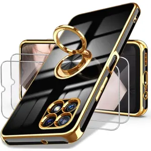 for T-Mobile REVVL 7 5G Case with 2X Screen Protector, 360 °   Rotatable Ring Holder Magnetic Kickstand,Plated Gold Edge Slim Soft TPU Protective Cover for T-Mobile REVVL 7 (Black
