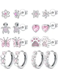 8 Pairs 925 Sterling Silver Post Stud Earrings Set Hypoallergenic Pink Heart Cz Earrings Cute Butterfly Flower Dog Paw Turtle Stud Earrings Hoops Earrings For Women Over 3 Years Old