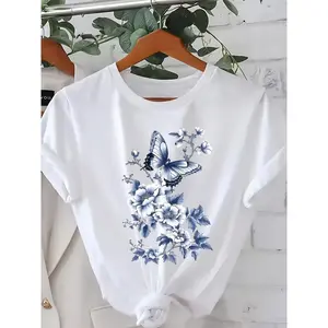 Women's Plus Size Loose-Fit Polyester T-Shirt - Round Neck Shortsleeve Top with Floral Blue Flowers & Butterfly Motif, Retro Elegant Machine Washable Clothing for Daily & Formal Occasions