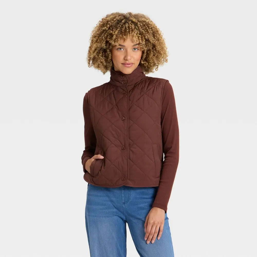Women's Sleeveless Solid Lightweight Quilted Vest - A New Day, Nylon-Polyester Fabric Garment with Pocket and Button, Basic