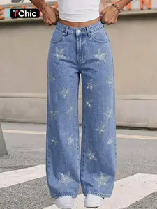Women's Elegant High Waist Wide Leg Jeans, Rhinestone Decor, All Season Casual Fitted Pants, Button Fly, Star Pattern, Below the Knee