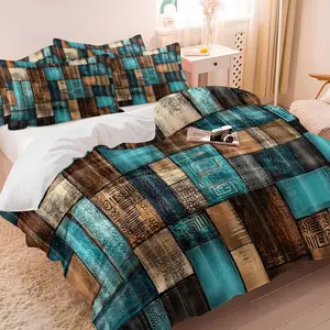 Blue Brown Tone Vintage Patchwork Artistic Duvet Cover Set, 1 Duvet and 1-2 Coreless Pillowcases, Distressed Texture Rectangular Color Block Combination, Soft Bedding, Exotic Bedroom Decor, Gift Choice