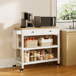 GIZOON Durable Wooden Kitchen Island Cart on Wheels (Above 25 kg) - 40'' Wood Tabletop, 2 Open Storage Tiers, 2 Drawers, Towel Rack, 3 Side Hooks, Kitchen Organizers for Dining Room, Bar, White