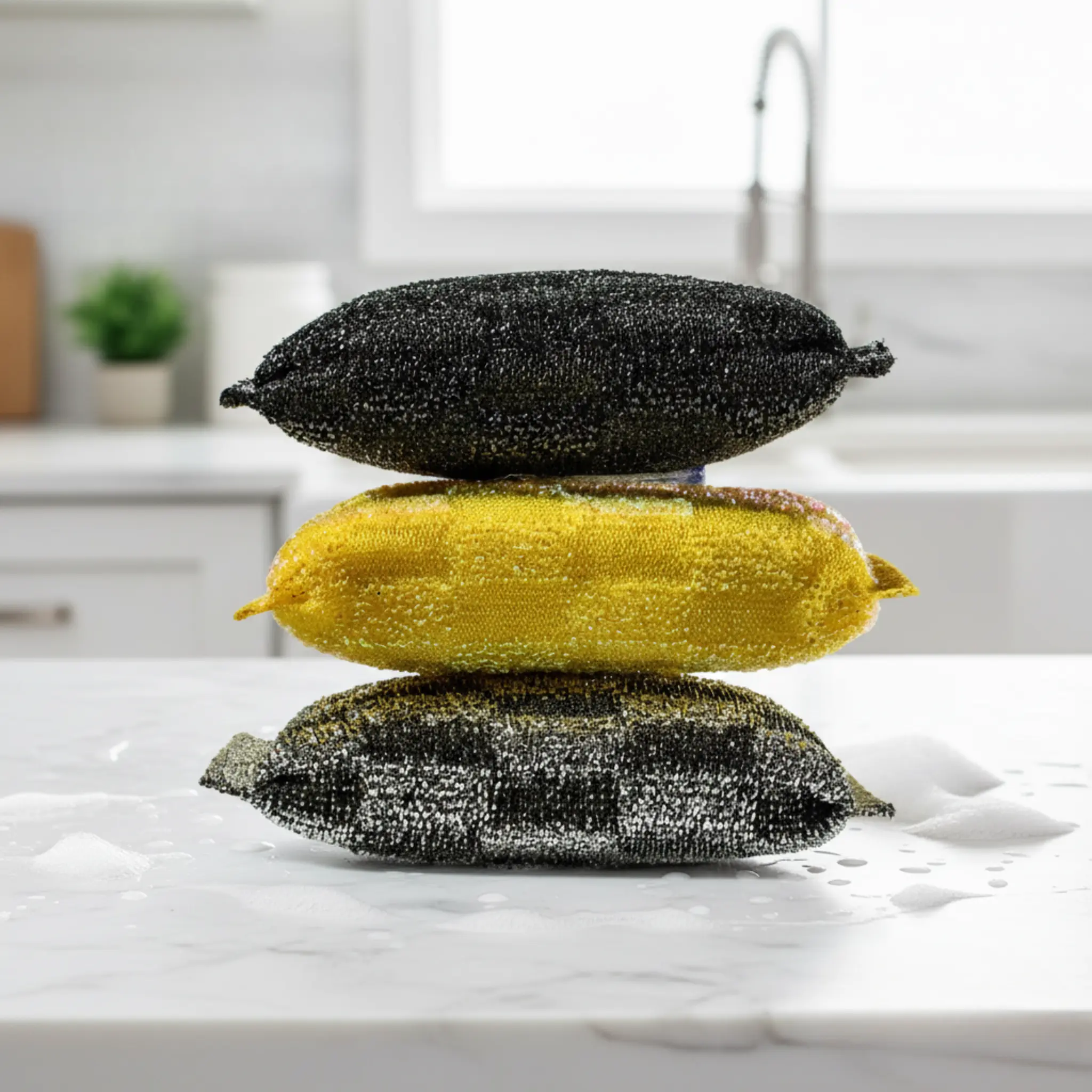 3 Pack Heavy Duty Mesh Squeezzee Sponges – Black, Yellow & Silver – Non-Scratch, Long-Lasting Cleaning Pads