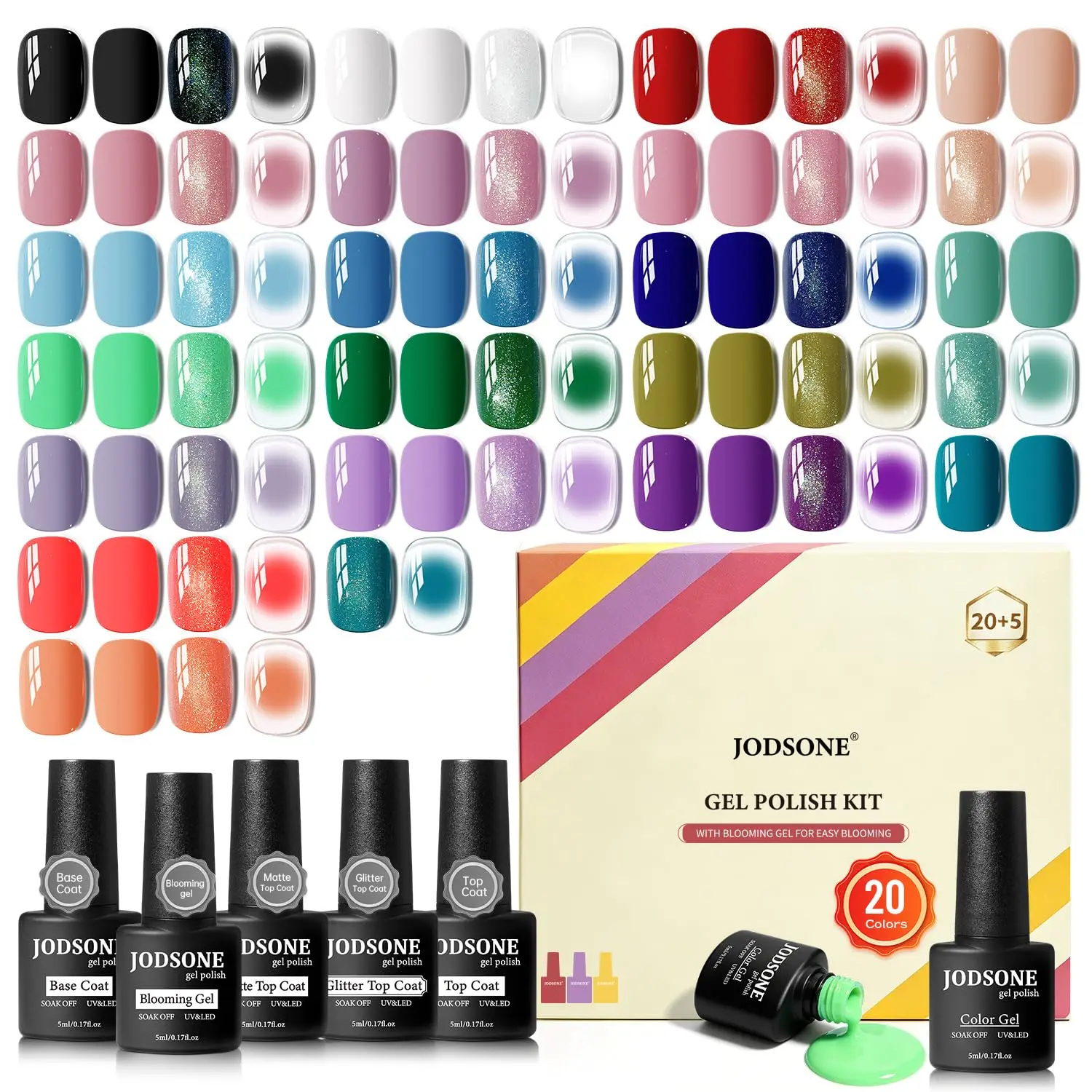 JODSONE 25Pcs Gel Nail Polish Kit, All Season Shades Red Black White Pink Blue, Base Gloss Matte Glitter Top Coat & Blooming Gel, UV LED Curable DIY Nail Art Manicure Supplies