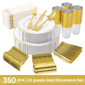 Luxury Gold 350-PCS Disposable Dinnerware Set | Elegant Lace Design Plates & Gold Cutlery | Complete for 50 Guests Wedding & Party Needs #ElegantParty #WeddingSupplies