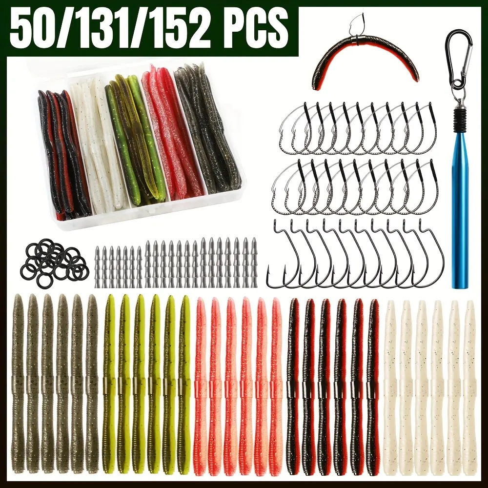 Dovesun Wacky Worm Fishing Tackle Kit - 152Pcs/131Pcs/50Pcs Assortment with Soft Plastic Baits, Weedless Hooks, Bass Hooks, Weedless Jig Heads, Wacky Rig Tool, O-Rings for Bass Fishing
