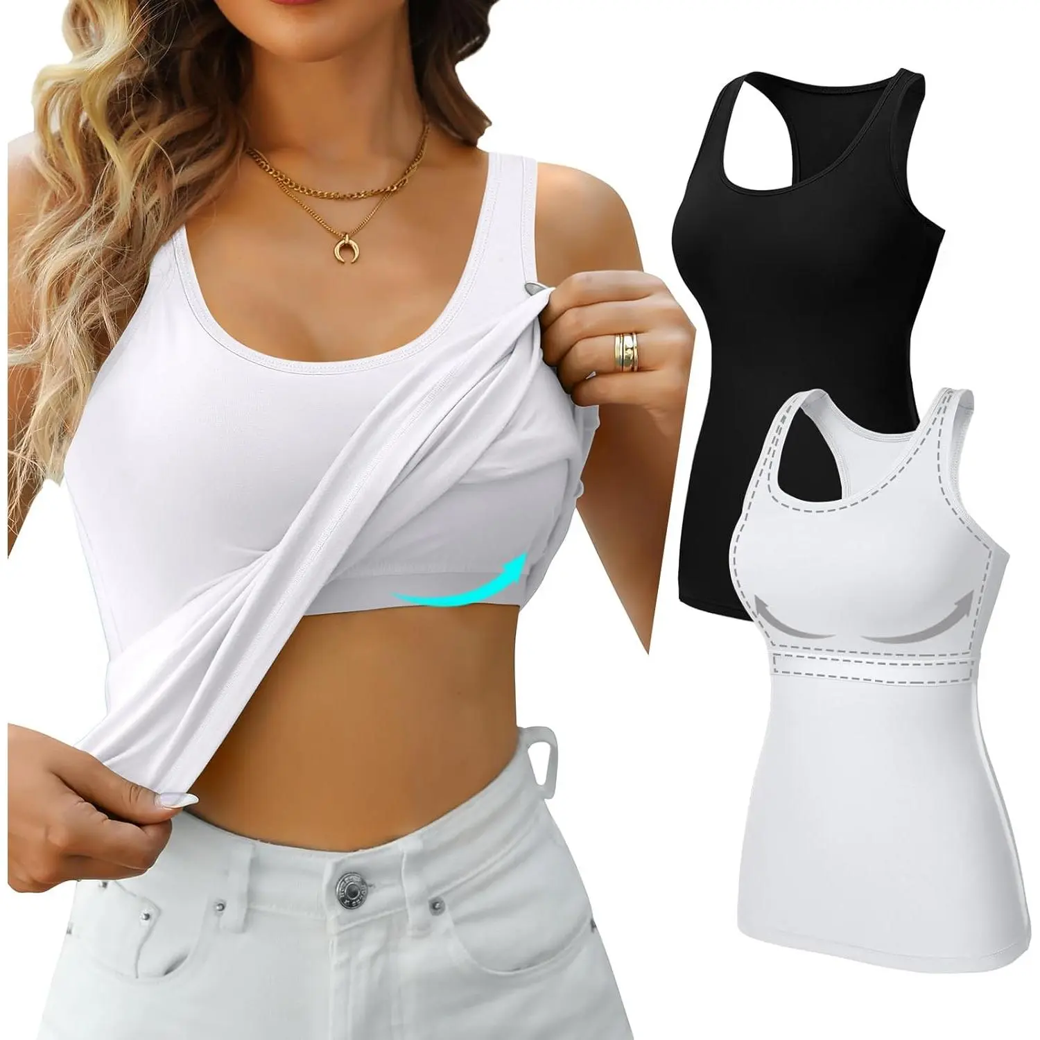Women's Multi-Style Tank Tops & Camis - Shelf Bra Racerback Workout Ready, Basic Black/Aqua Minimalist Short Bandeau Spaghetti Strap Sleeveless, Casual 1-Shoulder, Casual One Shoulder