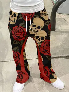 Men's Loose Fit 3D Skull Rose Print Pants, Casual Sporty Streetwear, Fitted Hip Hop Vintage Long Pants, Casual Street Trousers for All Seasons
