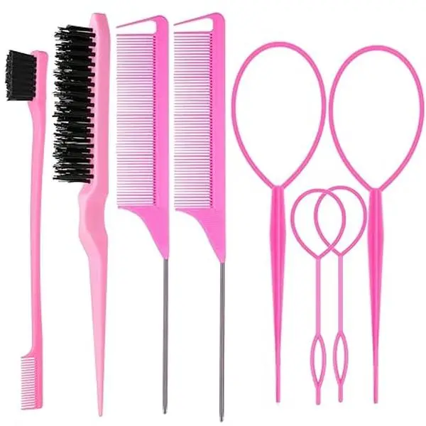 Hair Styling Kit 8PCS Hair Brush Set with 4 Topsy Tail Hair Tools Teasing Hair Brush Edge Brush 2 Rat Tail Combs for Braiding Ponytails Edge Control Parting & Backcombing Pink