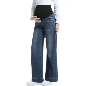 Maternity Jeans Wide Leg Over The Belly Support Stretch Pregnancy Denim Loose Wide Pants with Pockets