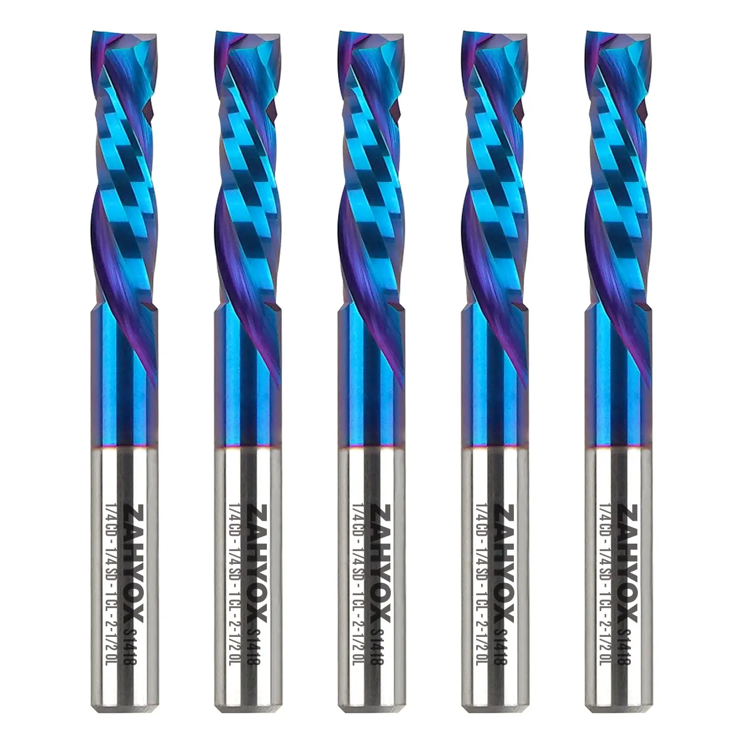 5Pack - S1418 Solid Carbide nACo Coated Compression Spiral Router Bit - 2 Flutes - 1/4 SD - 1/4 CD - 1 CL - 2-1/2 OL