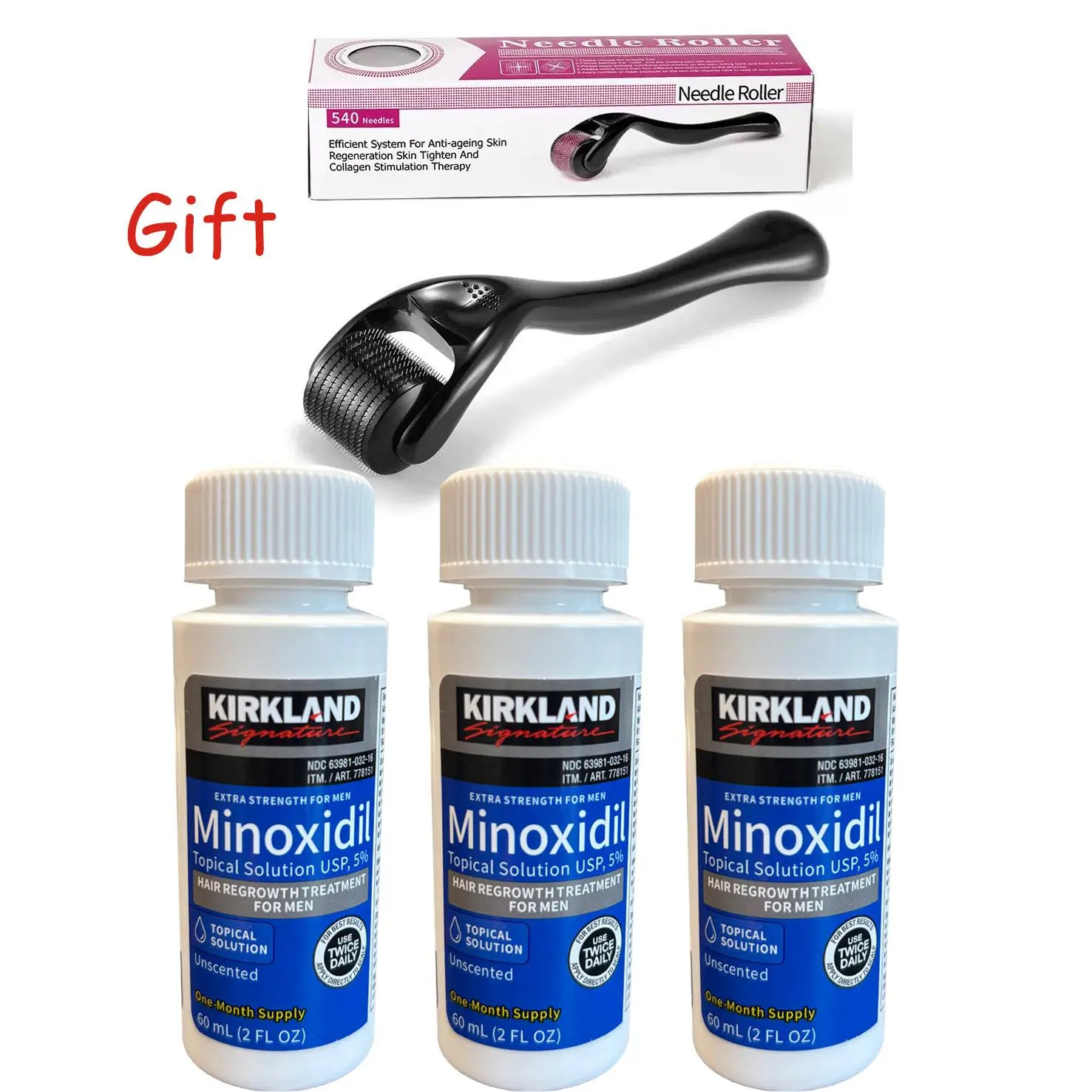 Kirkland’s 3 Month Hair Growth Supply with Derma Roller Minoxidil for Beard Growth Safe Formulas Liquid Haircares