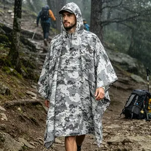 Hooded Rain Poncho for Adult with Pocket, Waterproof Lightweight Unisex Raincoat for Hiking Camping Emergency, Camouflage Rain Poncho, Outdoor Hunting & Fishing Gear