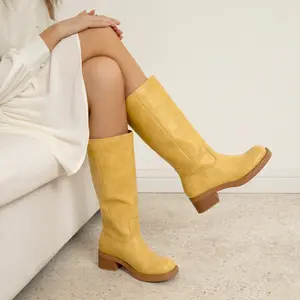 Athlefit Women's Knee High Boots Square Toe Wide Calf Slip On Chunky Riding Boots for Women Low Heel Yellow Footwear