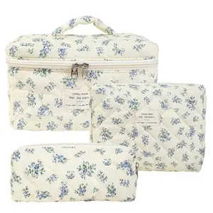 Quilted Large Makeup Bag Set Padded Cotton Cosmetic Bag Set with Floral Pattern and Double-Layered Protection multifunctional organizer