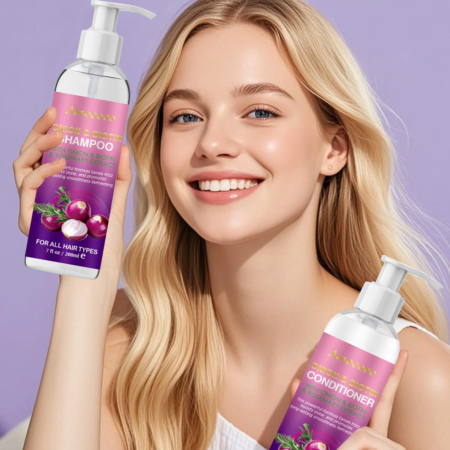 AMOCOCO Onion & Biotin Haircare Shampoo & Conditioner Set - With Rosemary Extract, Anti-Frizz, Boosts Shine, For All Hair Types, Frizz Control, Youth, Boosts Hair Shine