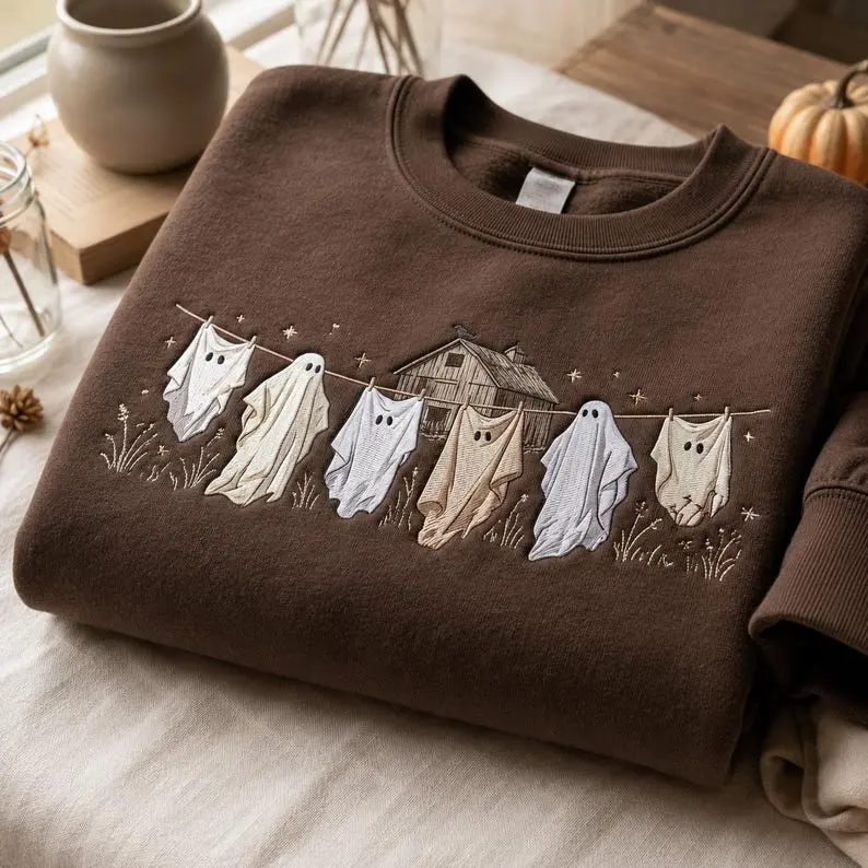 Ghost Laundry Embroidered Crewneck Sweatshirt, Rustic Farmhouse Fall Pullover, Brown Long Sleeve Casual Top