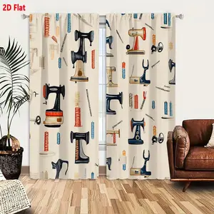 2D Flat Vintage Sewing Machines & Tools Pattern Curtain 2-Piece Set, Whimsical Retro Sewing Illustration Tiled Design, Light Beige Background with Black/Blue/Beige Machines, Red/Orange Accents, Thread Spools, Scissors, Needles - Cohesive Fabric-Lik