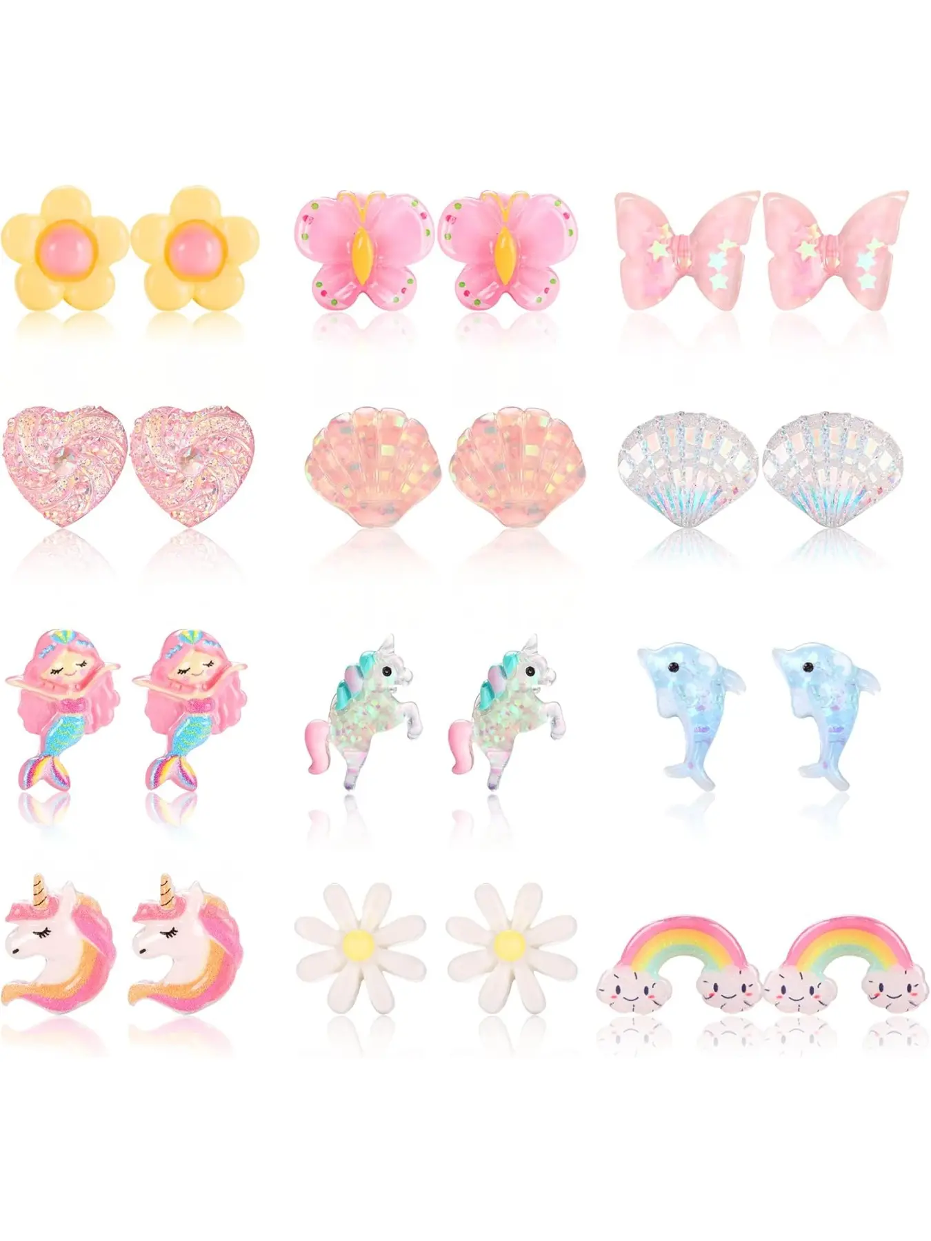12 Pairs Kids Clip On Earrings for Girls Bling Butterfly Dolphins Rainbow Flower Heart Earring No Pierced Girls Earrings Dress Up Cute Jewelry Set for Kids Earring Stacking Set