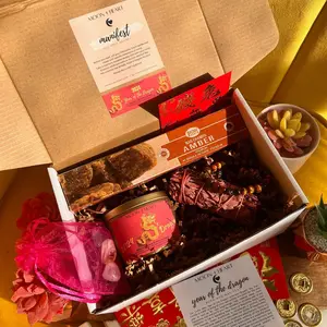 MOON+HEART Lunar New Year of the Dragon 2024 gift box, Self Care Box ,  Intention candle,  Crystal Infused Candle , Manifestation gift box Sage Decor Scented soy