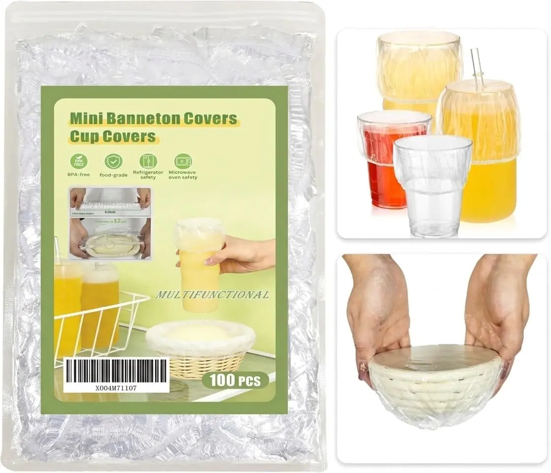 100 Pcs Disposable 12 Micron Thick Drink Cup Covers, Elastic Airtight Resealable Kitchen Covers for Sourdough Starter Jars, Mini Banneton Protection