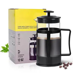 Mini French Press Coffee Maker, Heat Resistant Thickened Borosilicate Classic Glass Stainless Steel Coffee Press, 12OZ Heat Cold Brew Coffee Pot Tea Press for Kitchen Travel Camping，Black